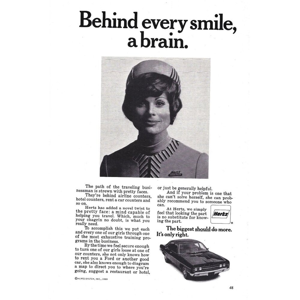 Hertz AD Car Rental Behind Every Smile a Brain 1960s Vintage Print Ad 9 inch